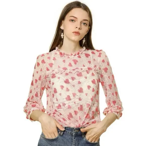 Fairy Heart Ruffle Mock Neck Sheer Mesh Lace Top Sz XL Cottage Prairie Romantic - Picture 4 of 12